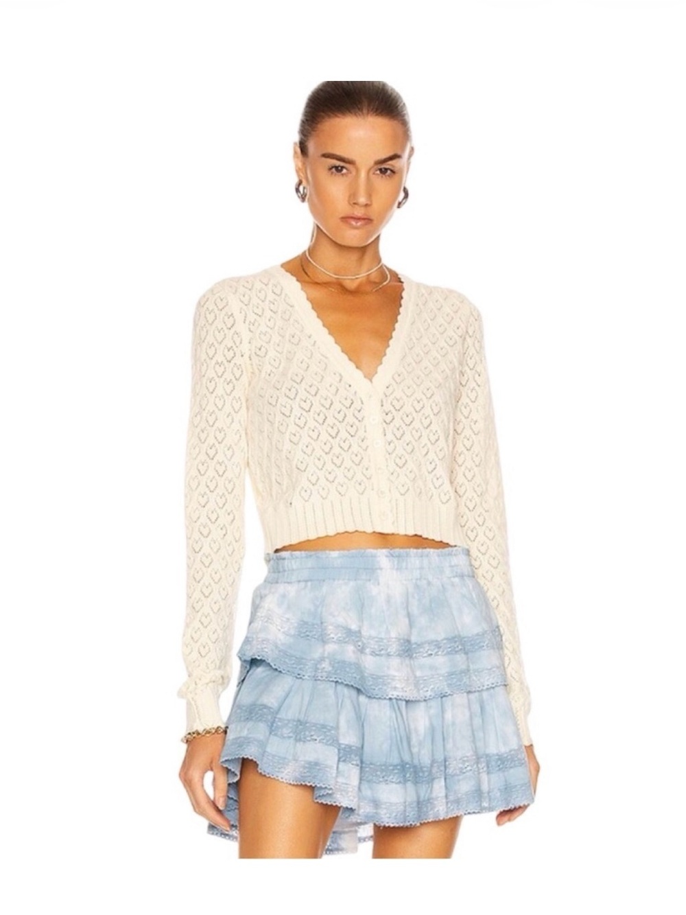 LoveShackFancy Cream Openwork V-Neck Cropped Sweater